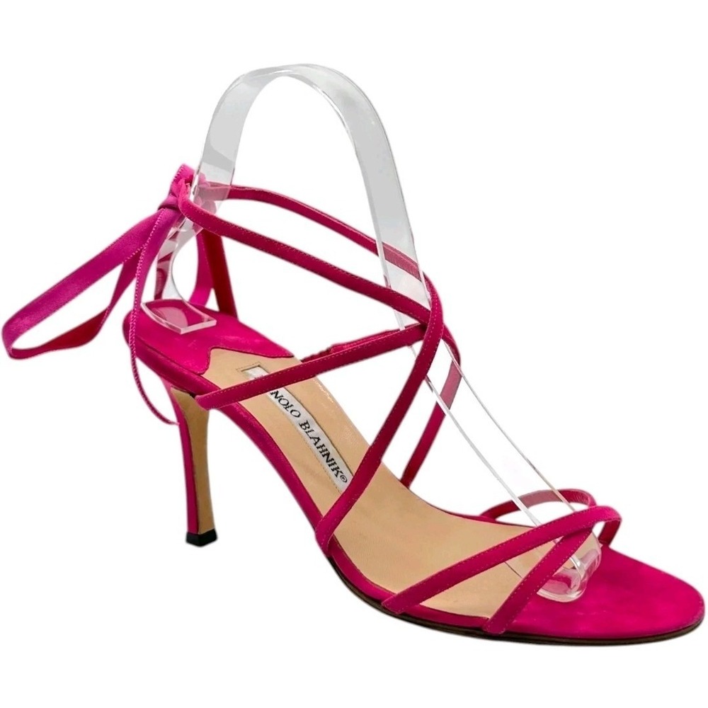 Manolo Blahnik Pink Suede Lace-Up Stiletto Sandals Strappy Wrap Heels Size 38/8 - Picture 8 of 8